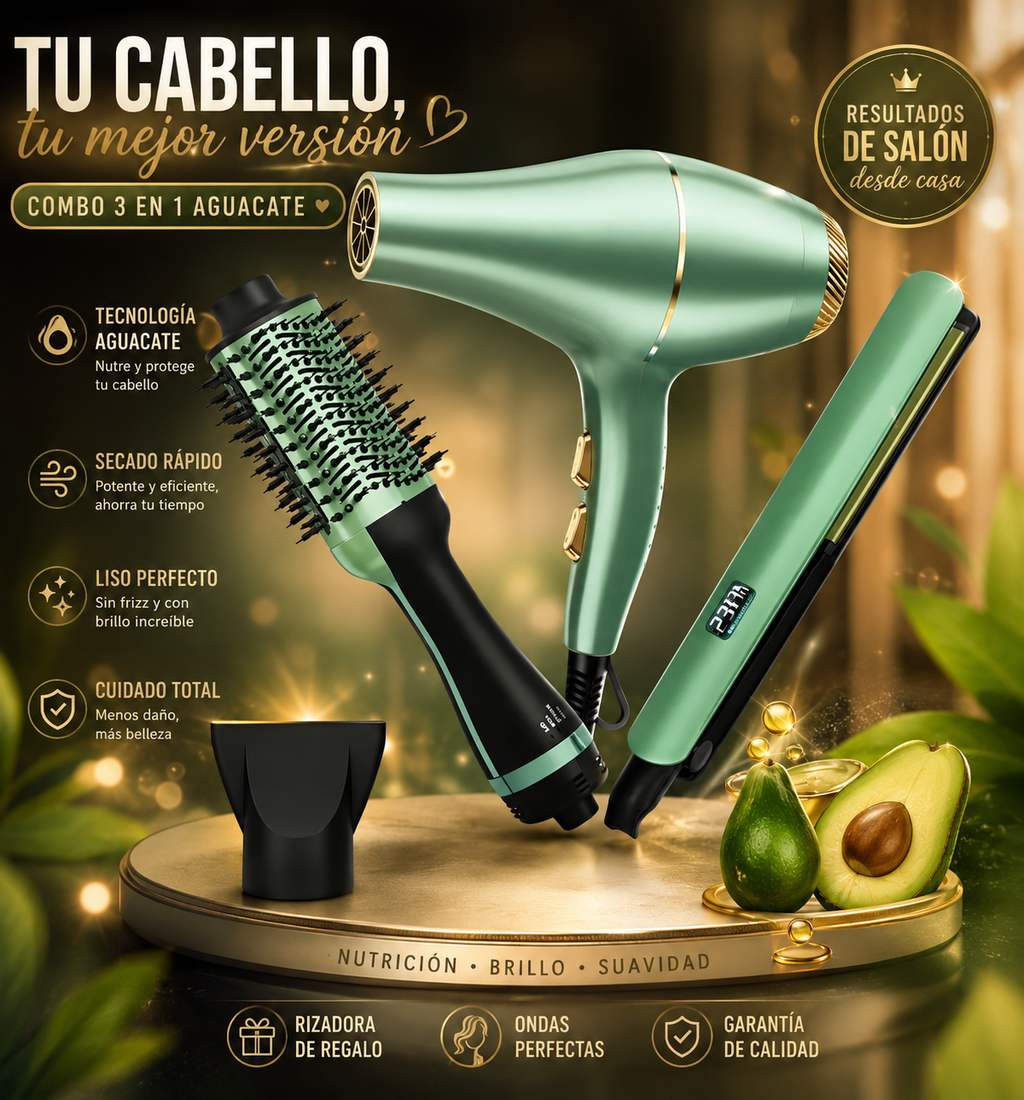 ✨ Cabello Liso, Brillante y Sin Frizz en Minutos –  Combo Aguacate 3 en 1 – Cabello Liso y Sin Frizz + Rizadora GRATIS 💚