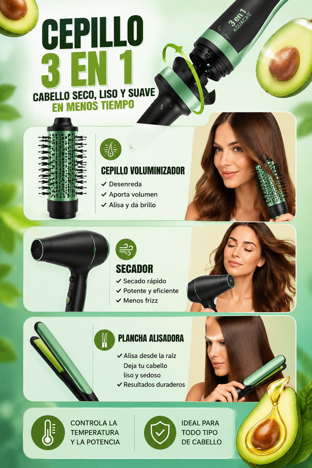 ✨ Cabello Liso, Brillante y Sin Frizz en Minutos –  Combo Aguacate 3 en 1 – Cabello Liso y Sin Frizz + Rizadora GRATIS 💚