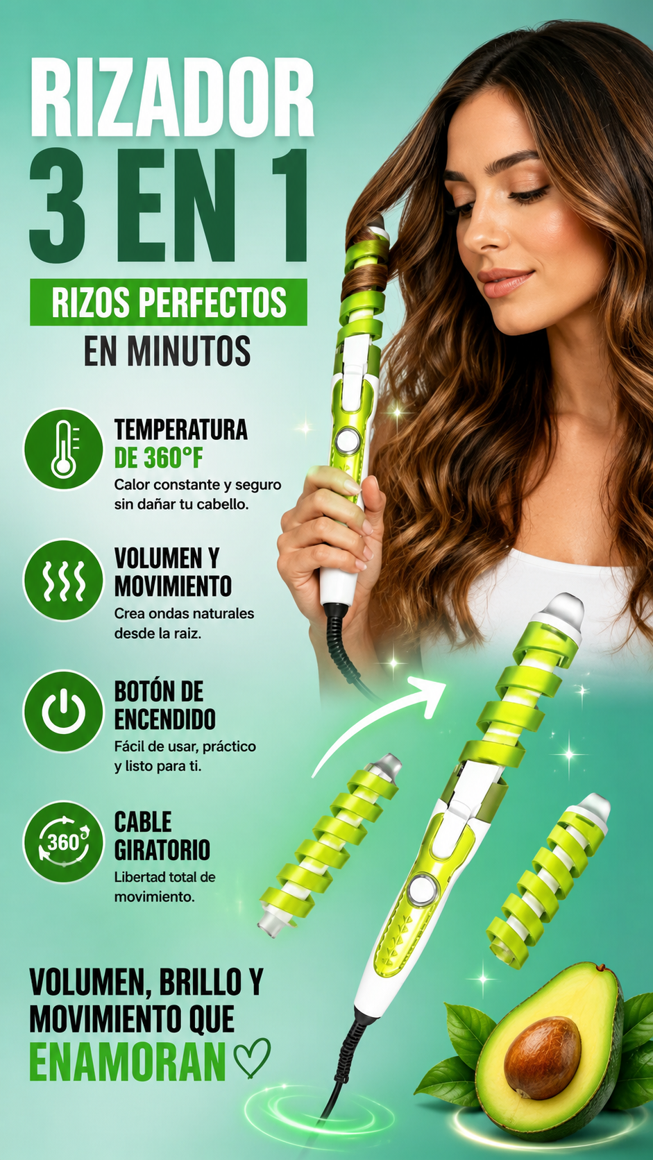 ✨ Cabello Liso, Brillante y Sin Frizz en Minutos –  Combo Aguacate 3 en 1 – Cabello Liso y Sin Frizz + Rizadora GRATIS 💚